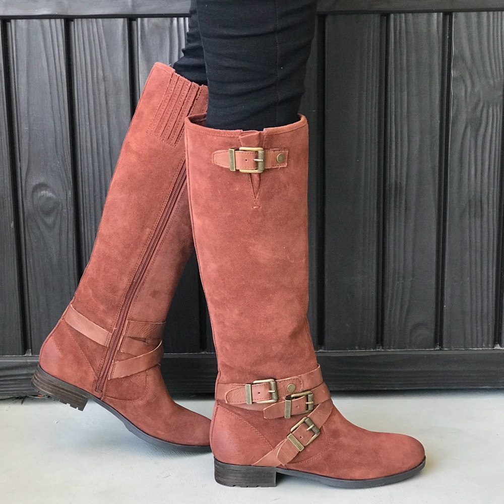 Rust Leather Buckle Ankle Lug Sole Knee High Boots - Picture 1 of 5